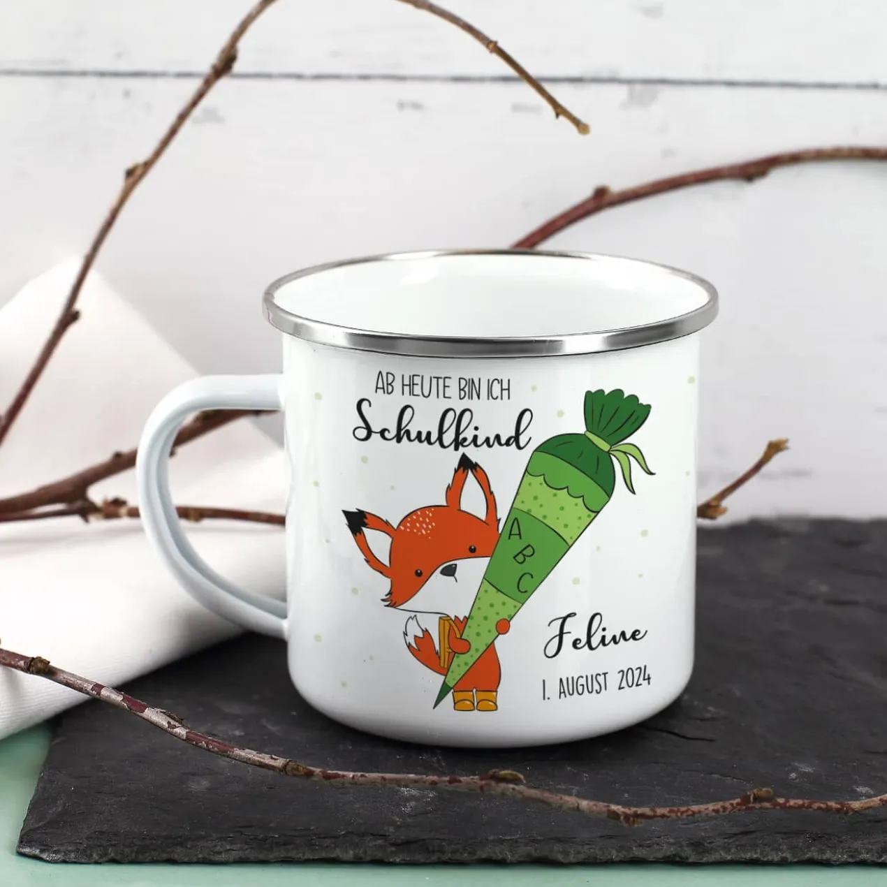 Ab heute bin ich Schulkind - Emailletasse zur Einschulung mit niedlichem Fuchs