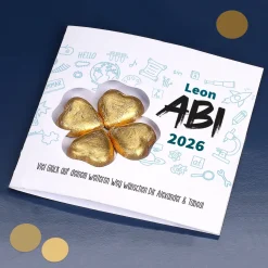 Abi Glückwunschkarte mit Name, Jahr, Wunschtext & Lindt Schokoladen-Kleeblatt