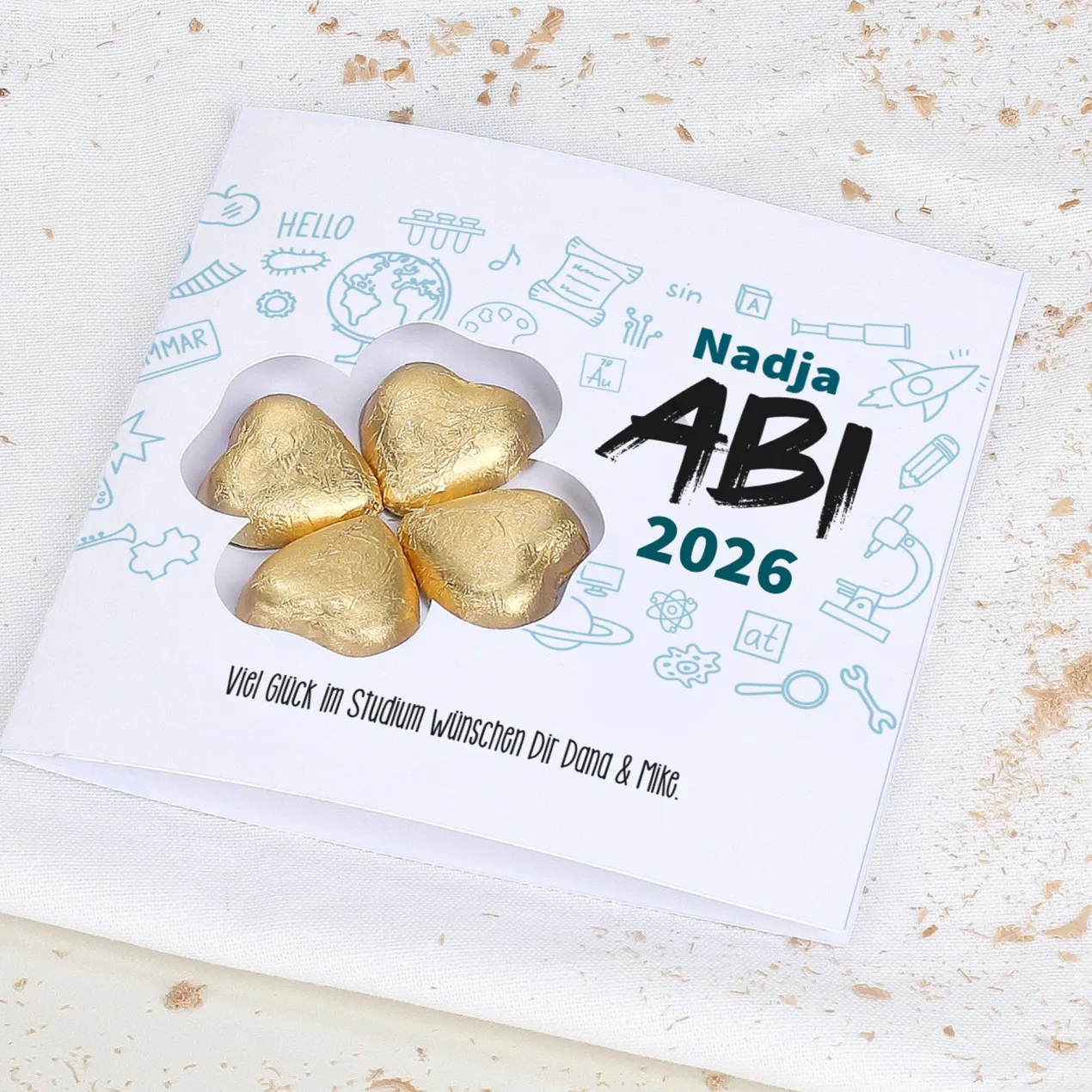 Abi Glückwunschkarte mit Name, Jahr, Wunschtext & Lindt Schokoladen-Kleeblatt