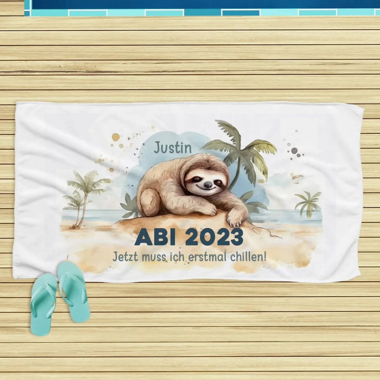 ABI & Schulabschluss - Badetuch mit Faultier, Name und Wunschtext, 180x100cm