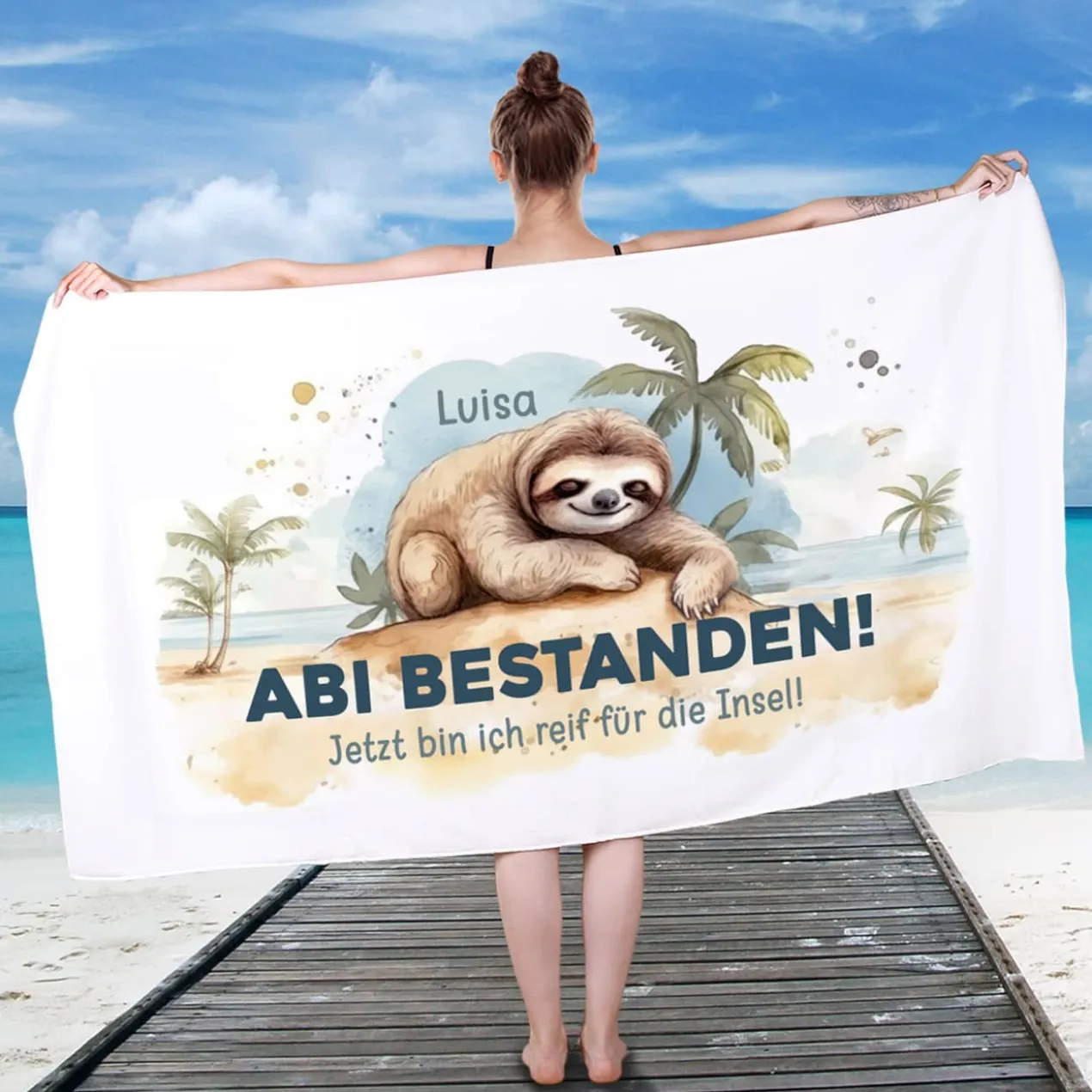ABI & Schulabschluss - Badetuch mit Faultier, Name und Wunschtext, 180x100cm