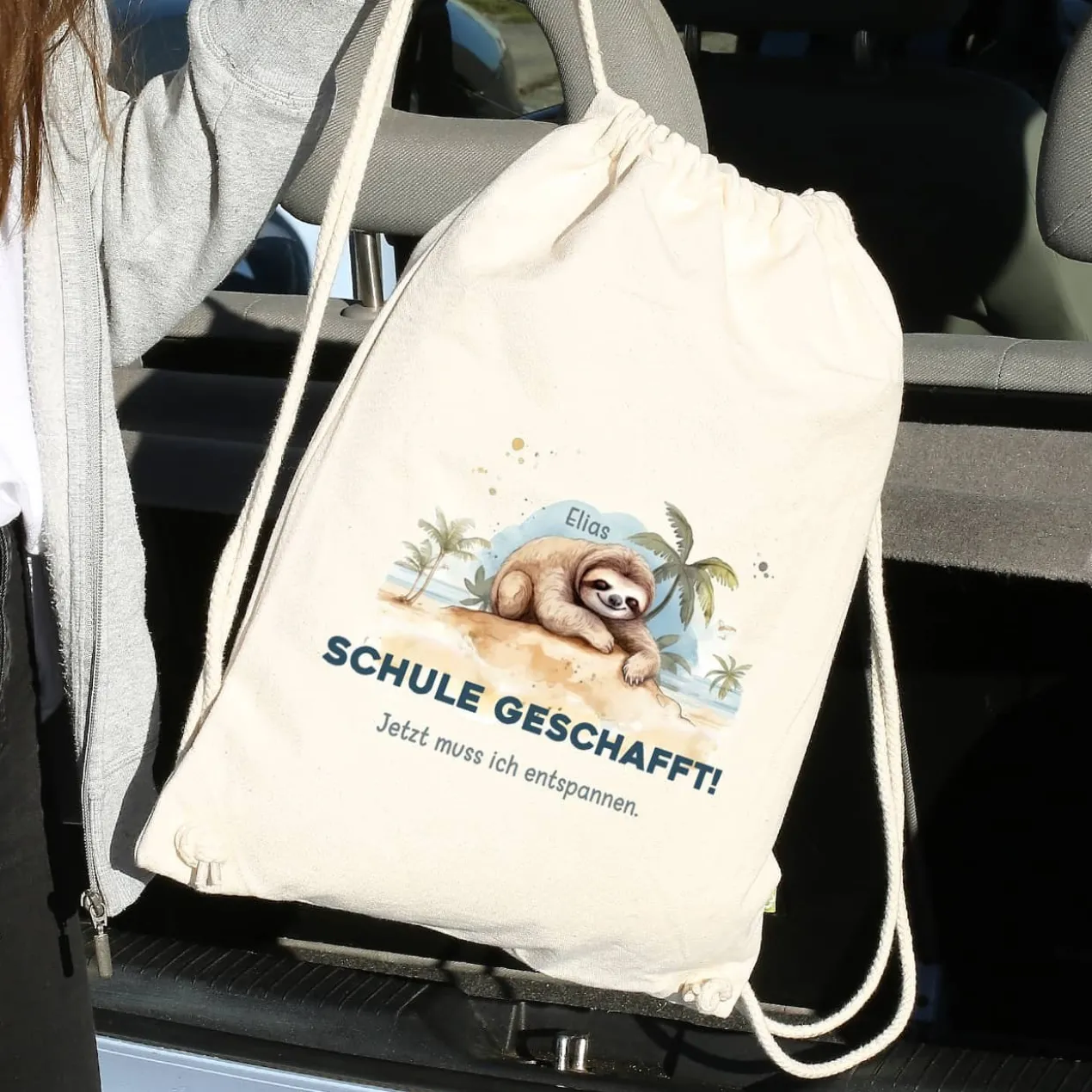 ABI & Schulabschluss - Baumwoll-Rucksack mit Faultier, Name und Wunschtext bedruckt