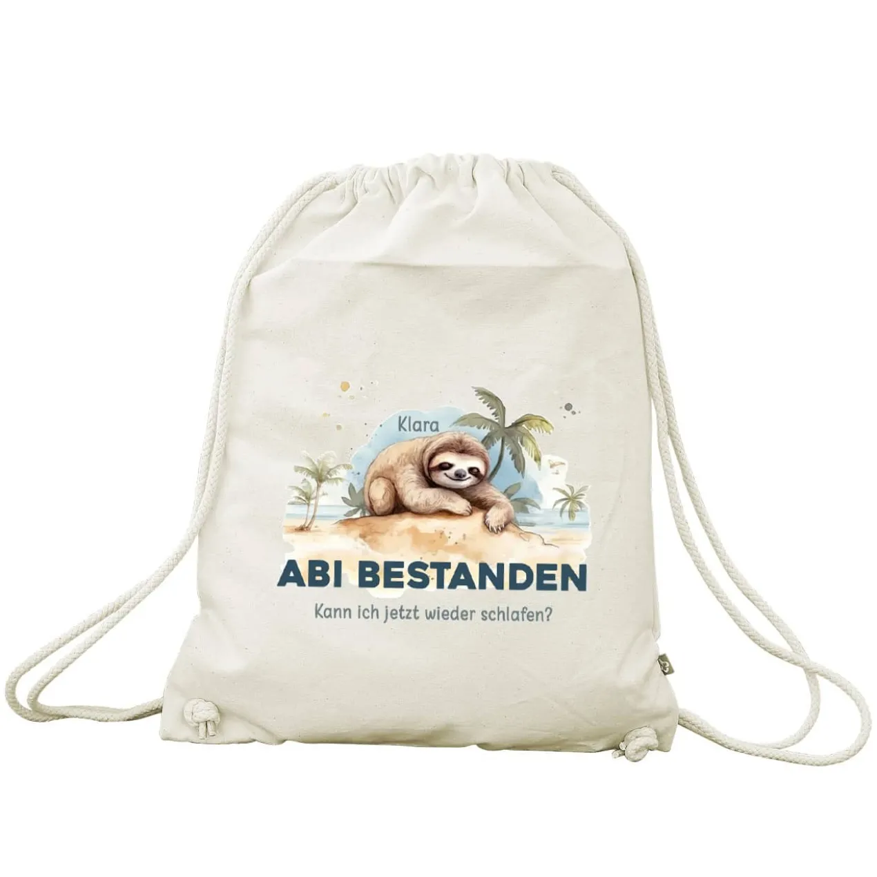 ABI & Schulabschluss - Baumwoll-Rucksack mit Faultier, Name und Wunschtext bedruckt