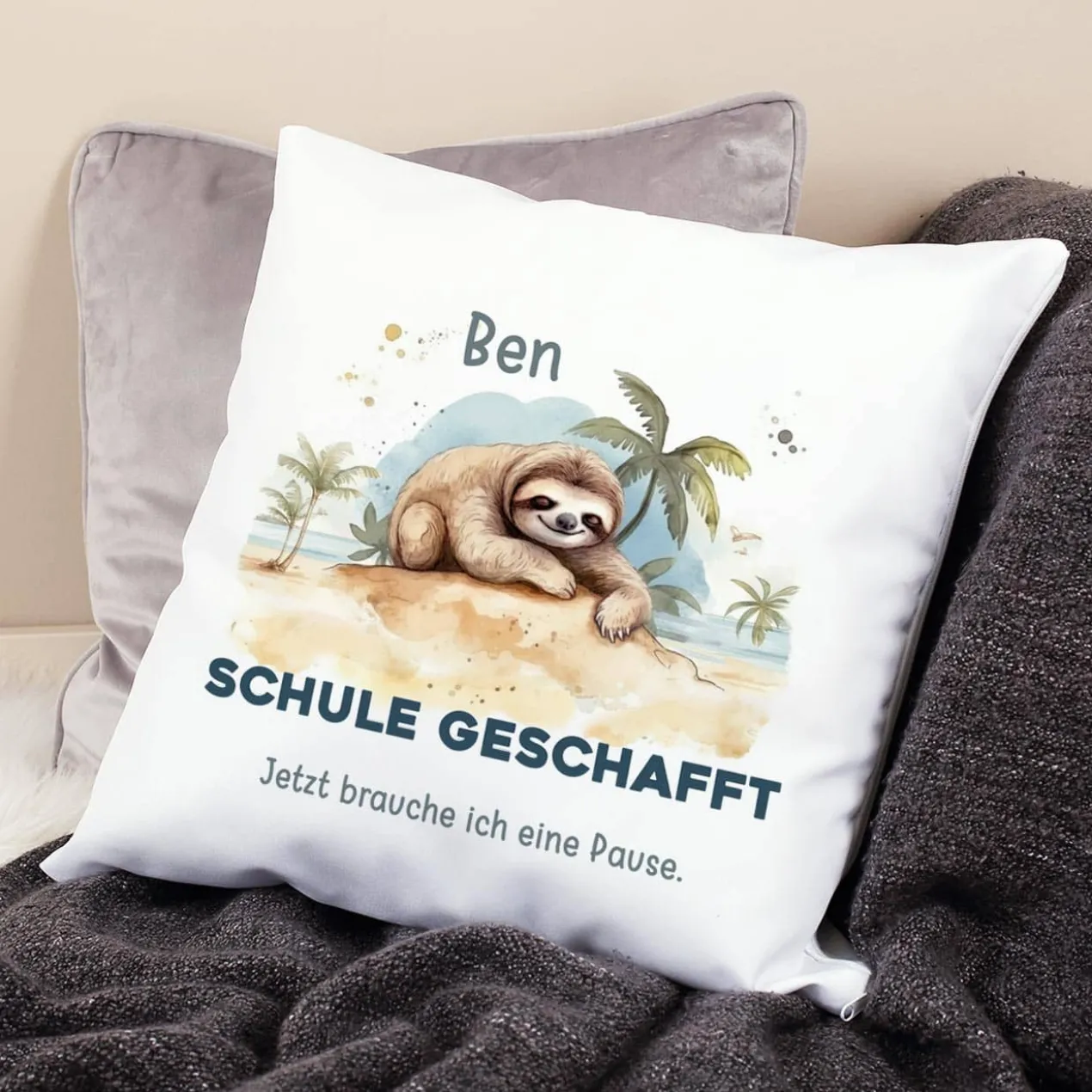 ABI & Schulabschluss - Kissen mit Faultier, Name und Wunschtext