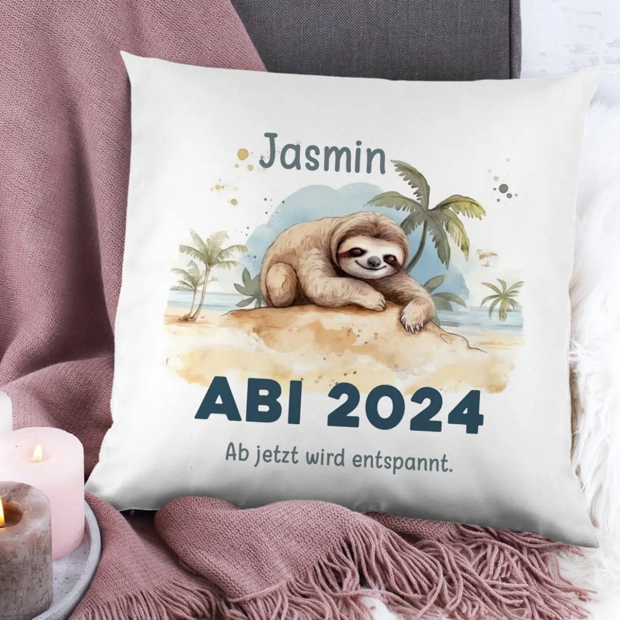 ABI & Schulabschluss - Kissen mit Faultier, Name und Wunschtext