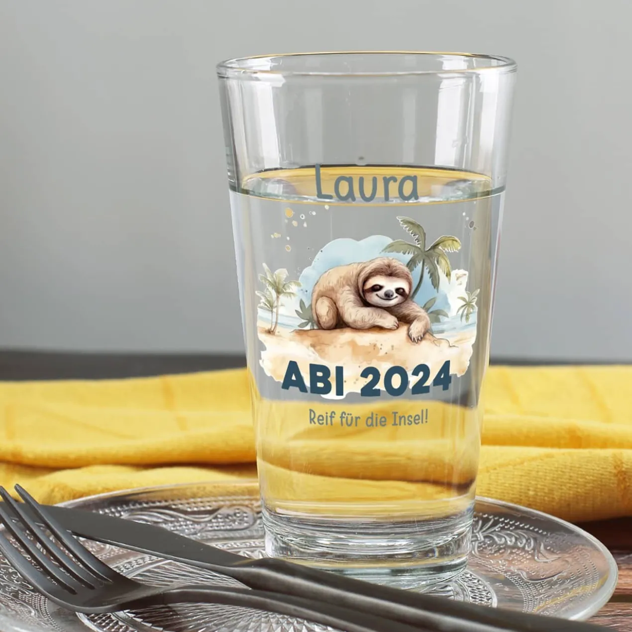 ABI & Schulabschluss - Trinkglas mit Faultier, Name und Wunschtext