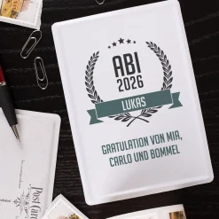 Abitur Blechpostkarte mit Glückwunschtext und Name