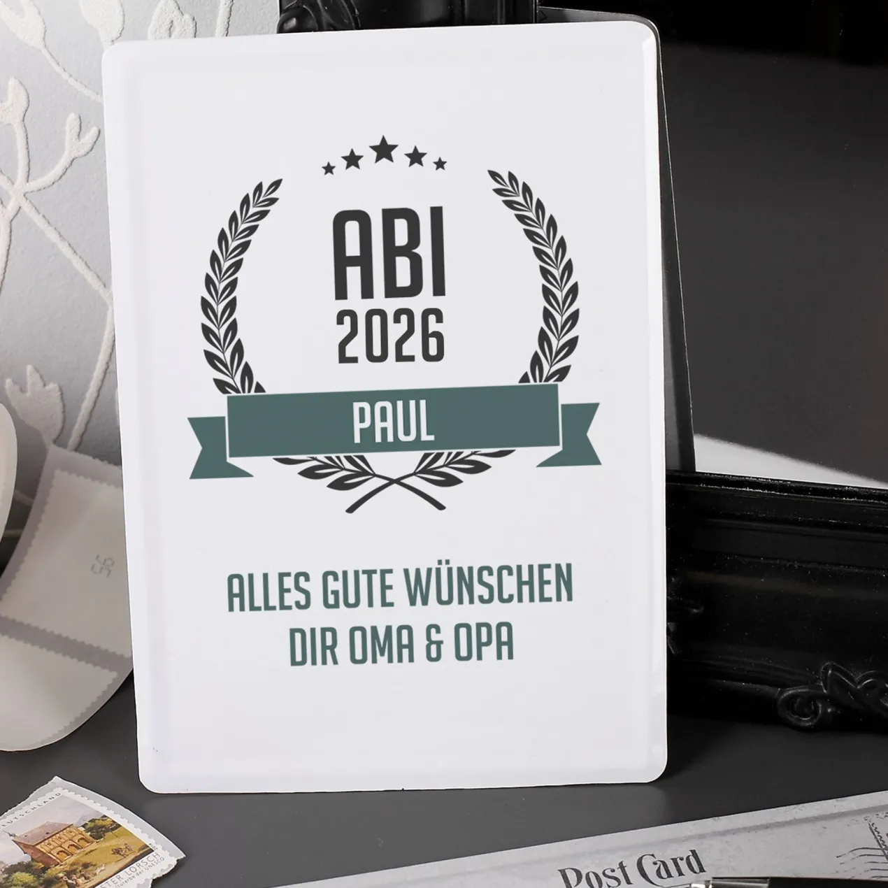 Abitur Blechpostkarte mit Glückwunschtext und Name