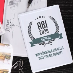 Abitur Blechpostkarte mit Glückwunschtext und Name