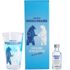 Absolut Vodka Set mit bedrucktem Glas und einer Flasche Vodka in persönlicher Geschenkbox