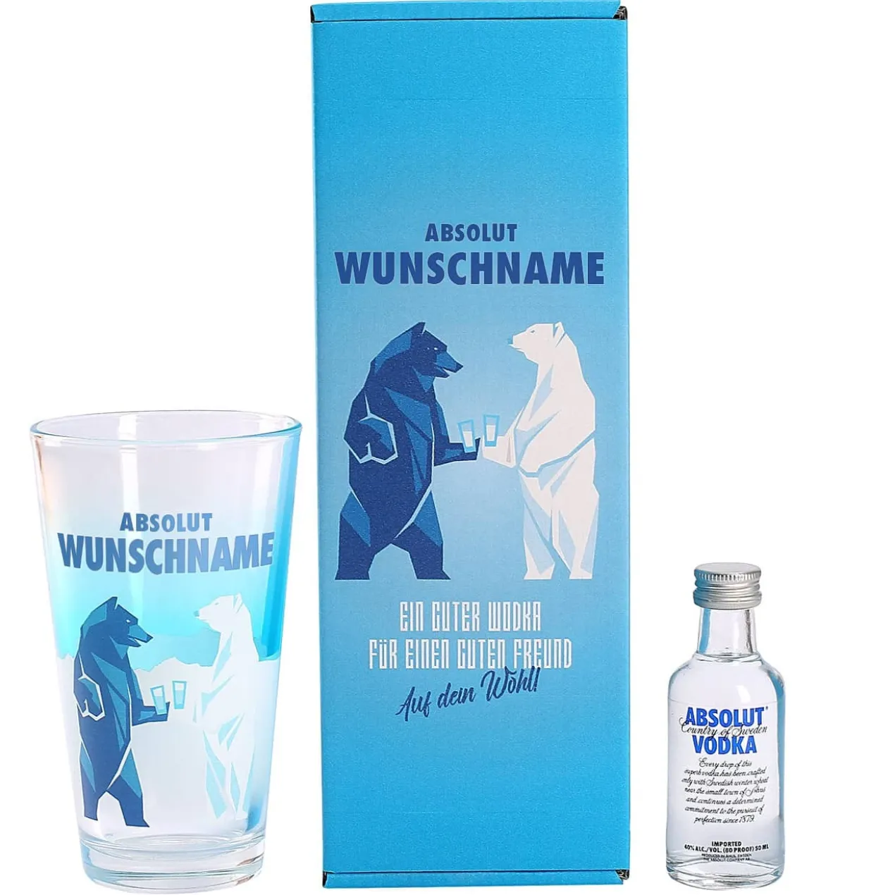 Absolut Vodka Set mit bedrucktem Glas und einer Flasche Vodka in persönlicher Geschenkbox