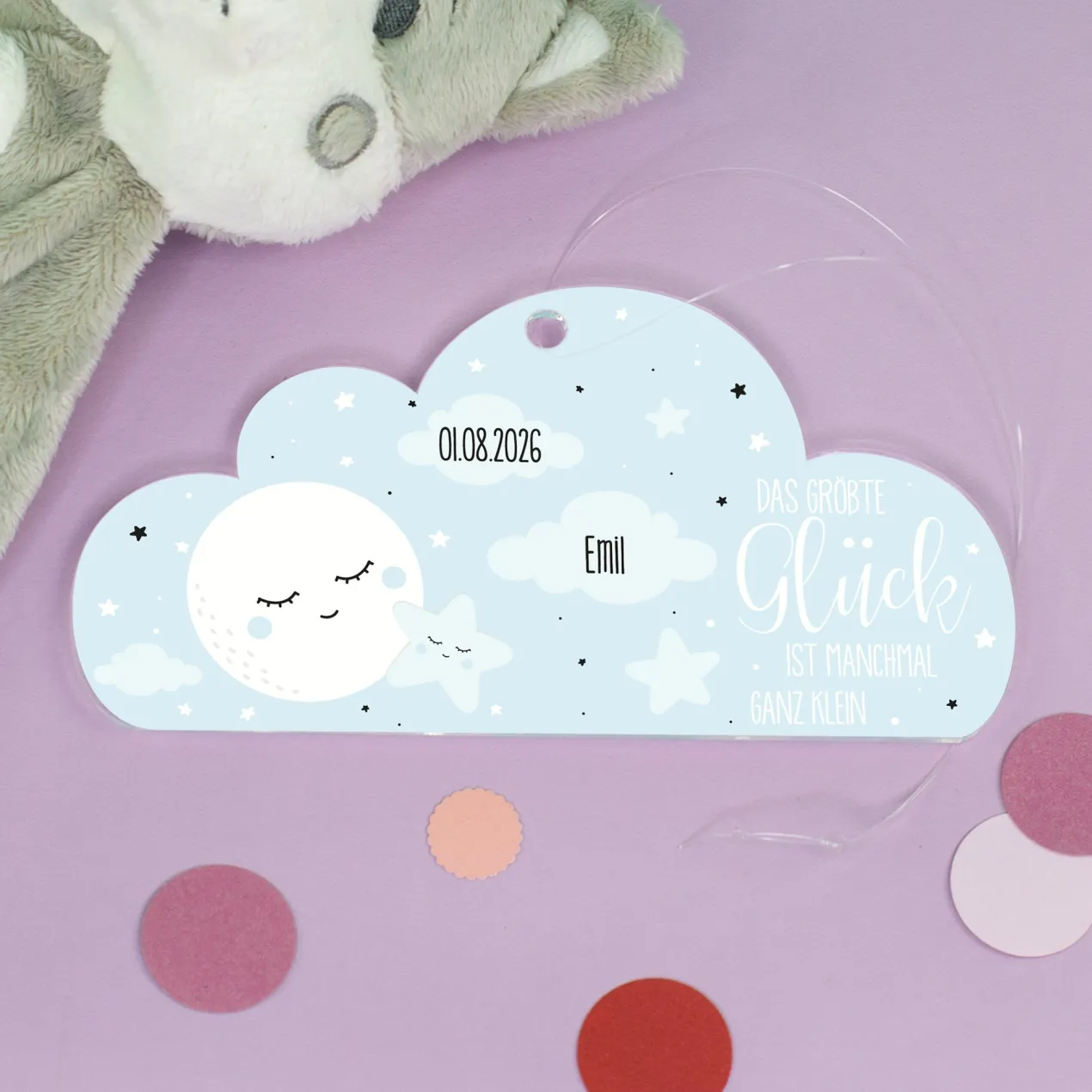 Acryl Anhänger blaue Wolke zur Geburt personalisiert mit Name & Geburtsdatum | Deko für Jungen