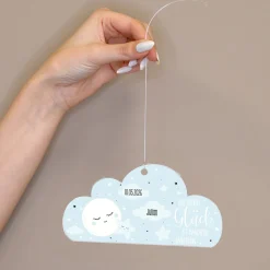 Acryl Anhänger blaue Wolke zur Geburt personalisiert mit Name & Geburtsdatum | Deko für Jungen