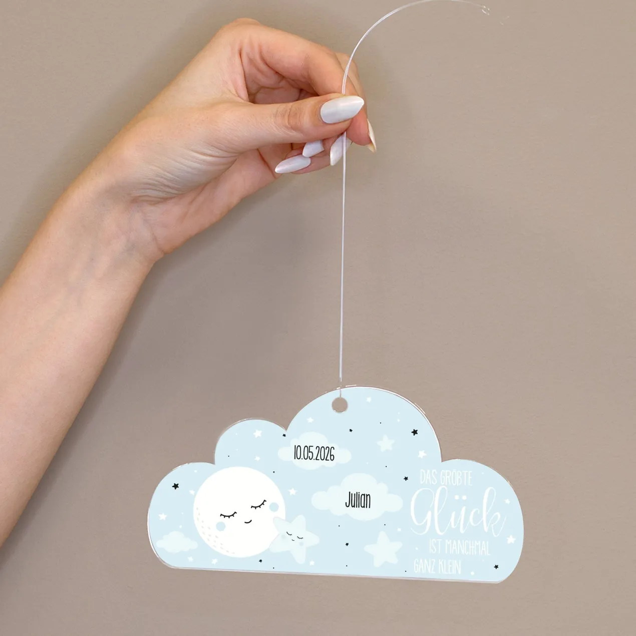 Acryl Anhänger blaue Wolke zur Geburt personalisiert mit Name & Geburtsdatum | Deko für Jungen