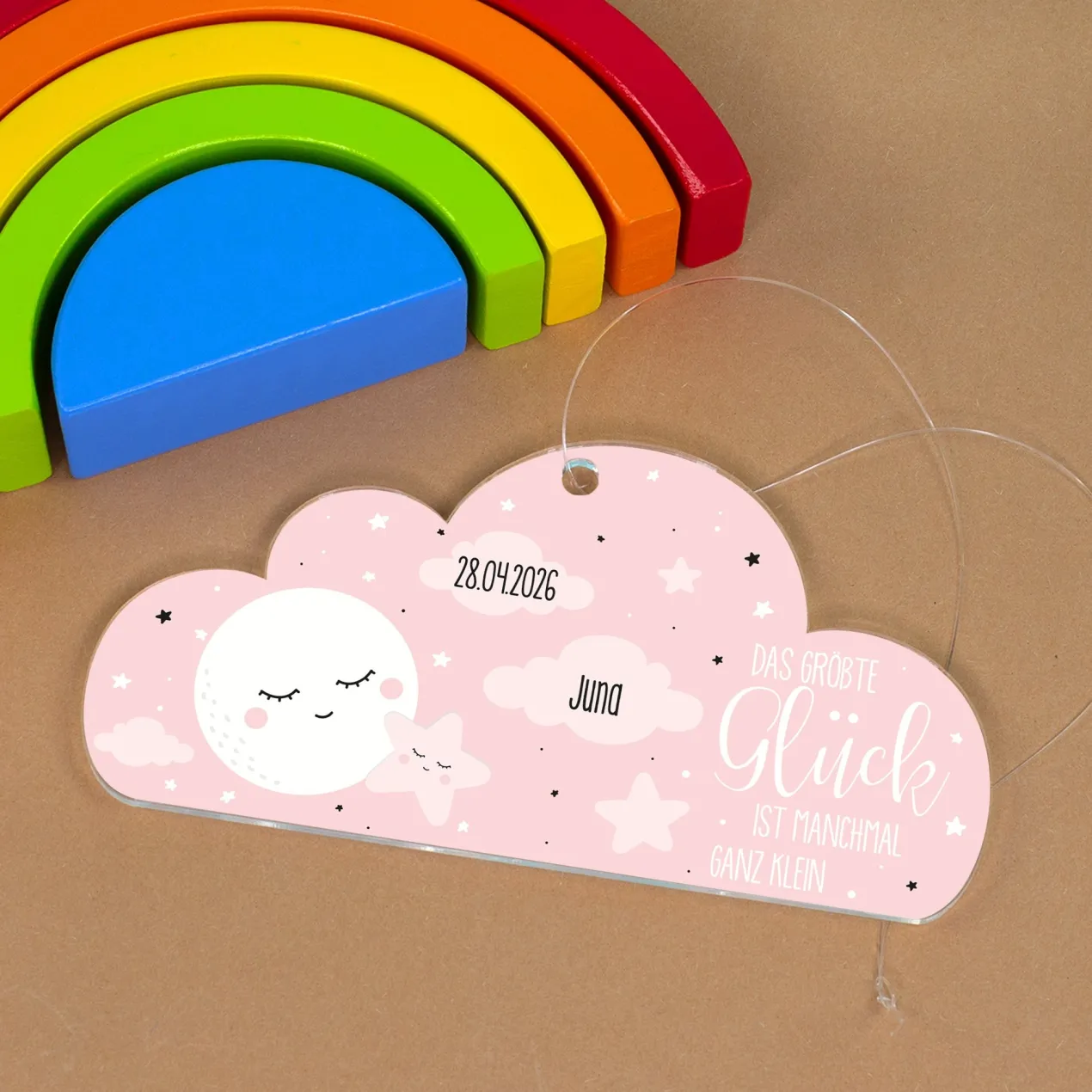 Acryl Anhänger rosa Wolke zur Geburt personalisiert mit Name & Geburtsdatum | Deko für Mädchen