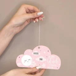 Acryl Anhänger rosa Wolke zur Geburt personalisiert mit Name & Geburtsdatum | Deko für Mädchen