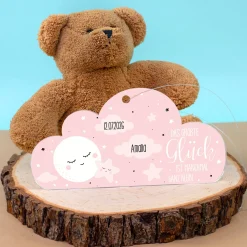 Acryl Anhänger rosa Wolke zur Geburt personalisiert mit Name & Geburtsdatum | Deko für Mädchen