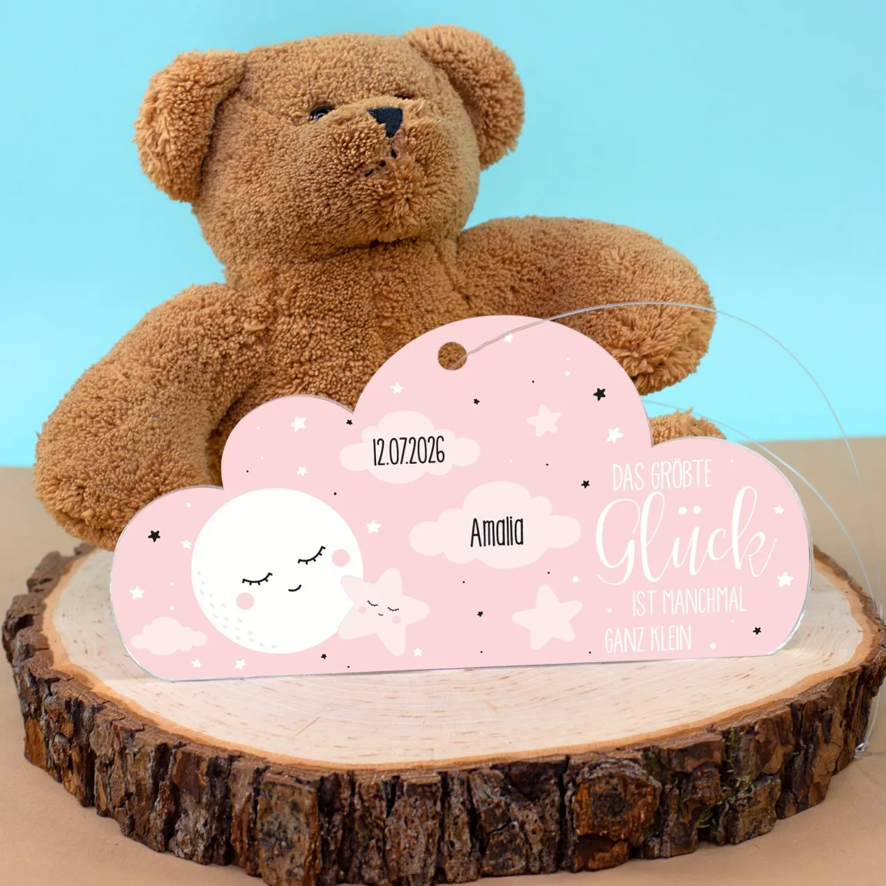 Acryl Anhänger rosa Wolke zur Geburt personalisiert mit Name & Geburtsdatum | Deko für Mädchen