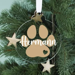 Acryl-Christbaumkugel mit Name und Hundepfote bedruckt