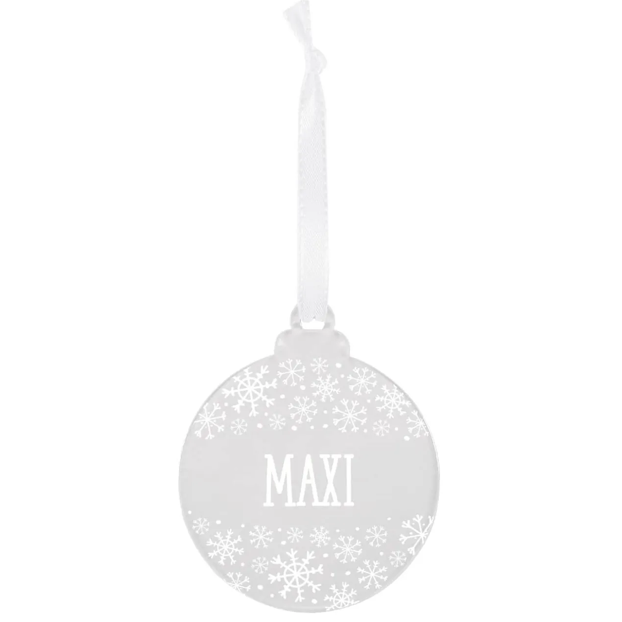 Acryl-Christbaumkugel mit Name und Schneeflocken bedruckt