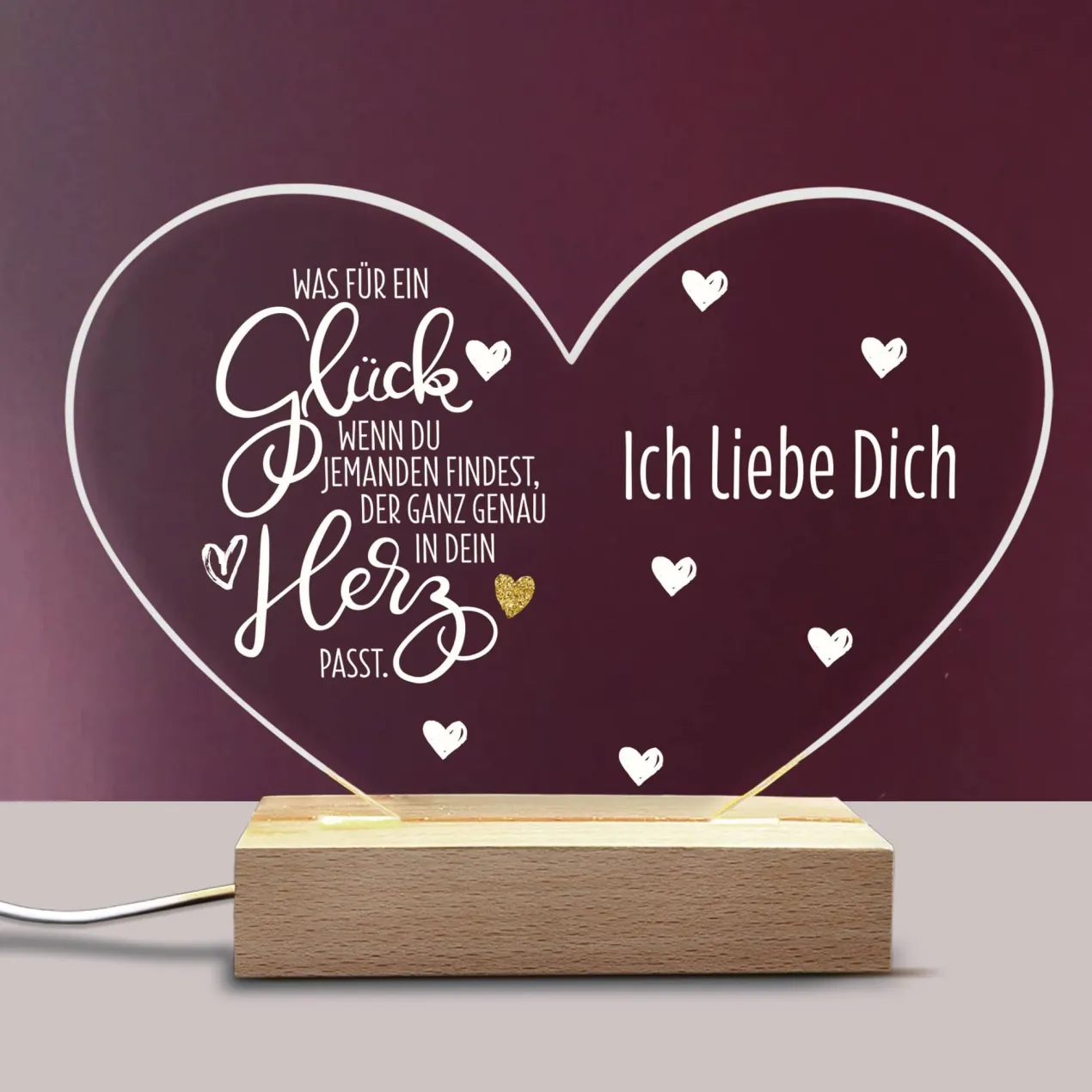 Acrylglas LED Lampe Herz - Was für ein Glück - mit Namen bedruckt