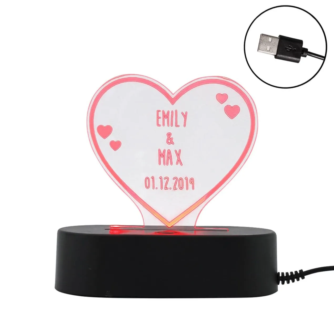 Acryllampe zum Valentinstag in Herzform mit Namen und Datum