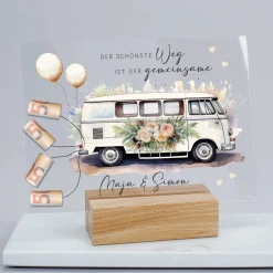 Acrylschild mit Hippie-Bus & Blumenmotiv inkl. Wunschnamen zur Hochzeit