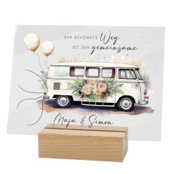 Acrylschild mit Hippie-Bus & Blumenmotiv inkl. Wunschnamen zur Hochzeit
