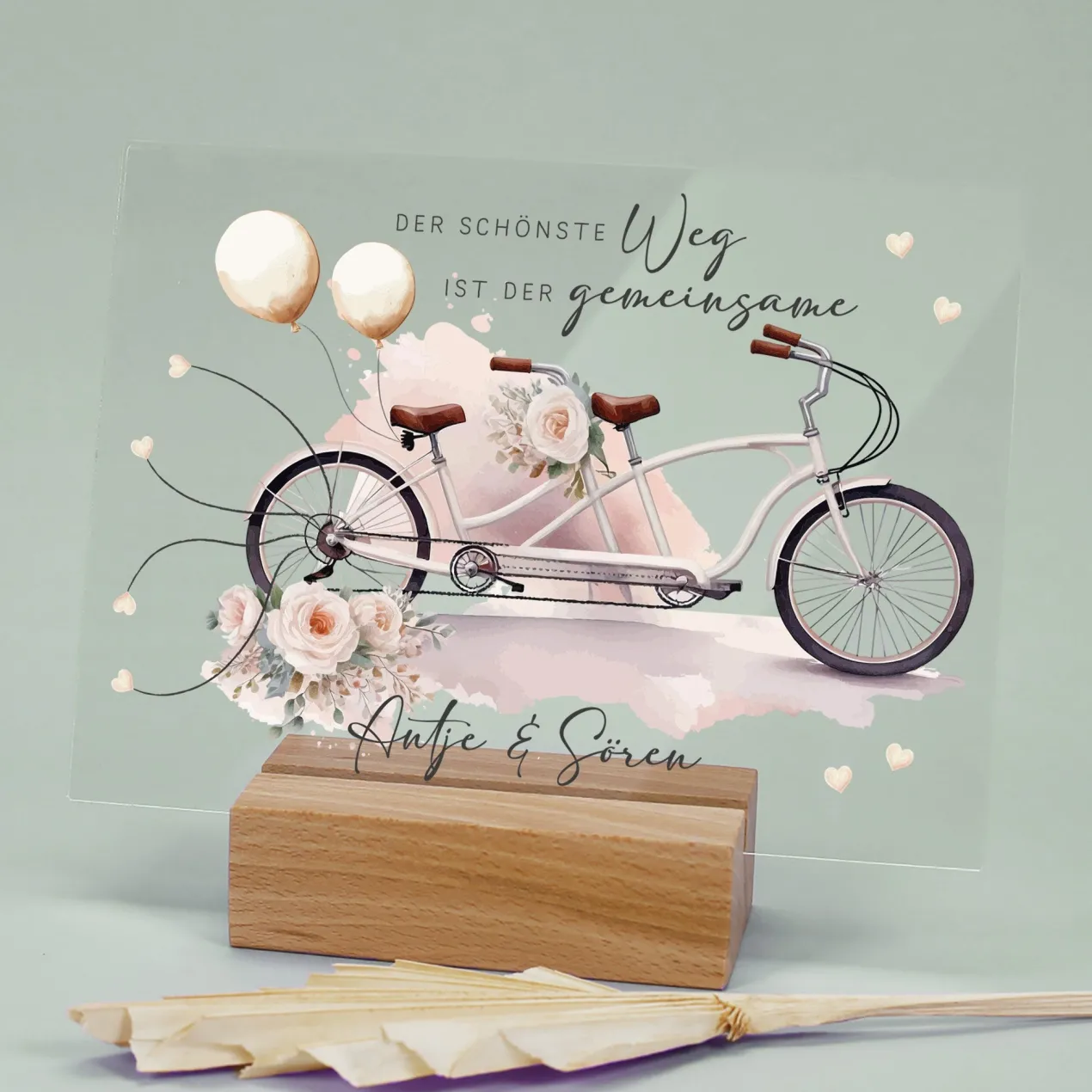 Acrylschild mit Tandem & Blumenmotiv inkl. Wunschnamen zur Hochzeit