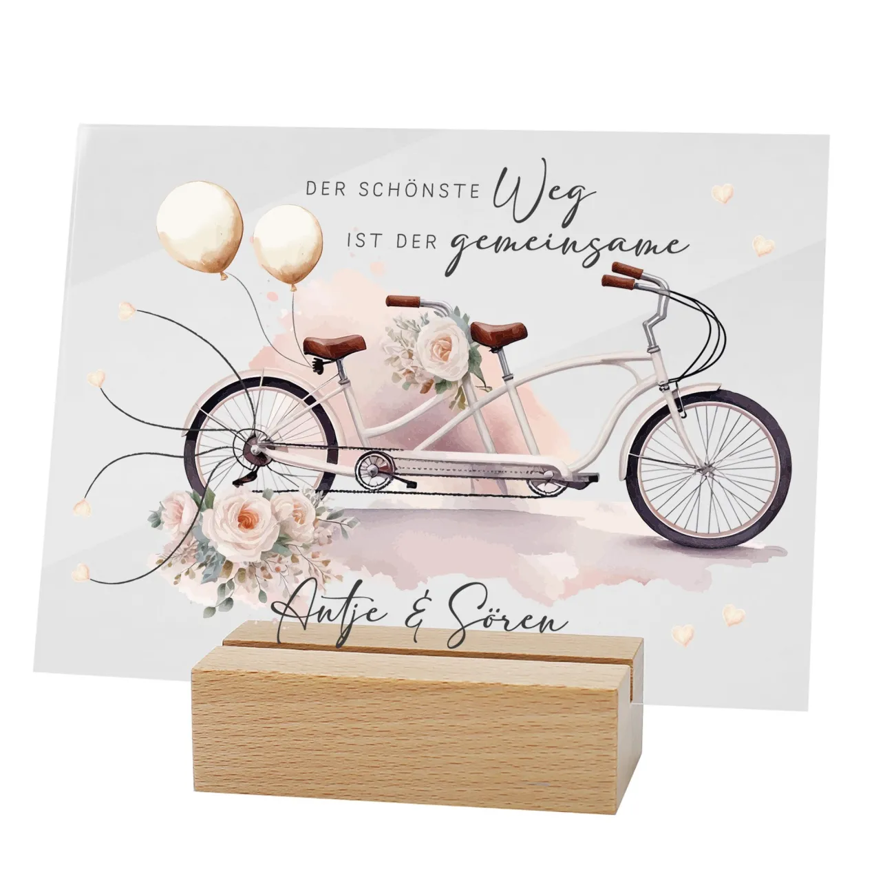 Acrylschild mit Tandem & Blumenmotiv inkl. Wunschnamen zur Hochzeit