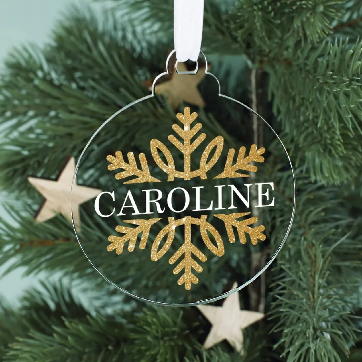 Acryl Weihnachtskugel bedruckt mit goldener Schneeflocken und Ihrem Namen