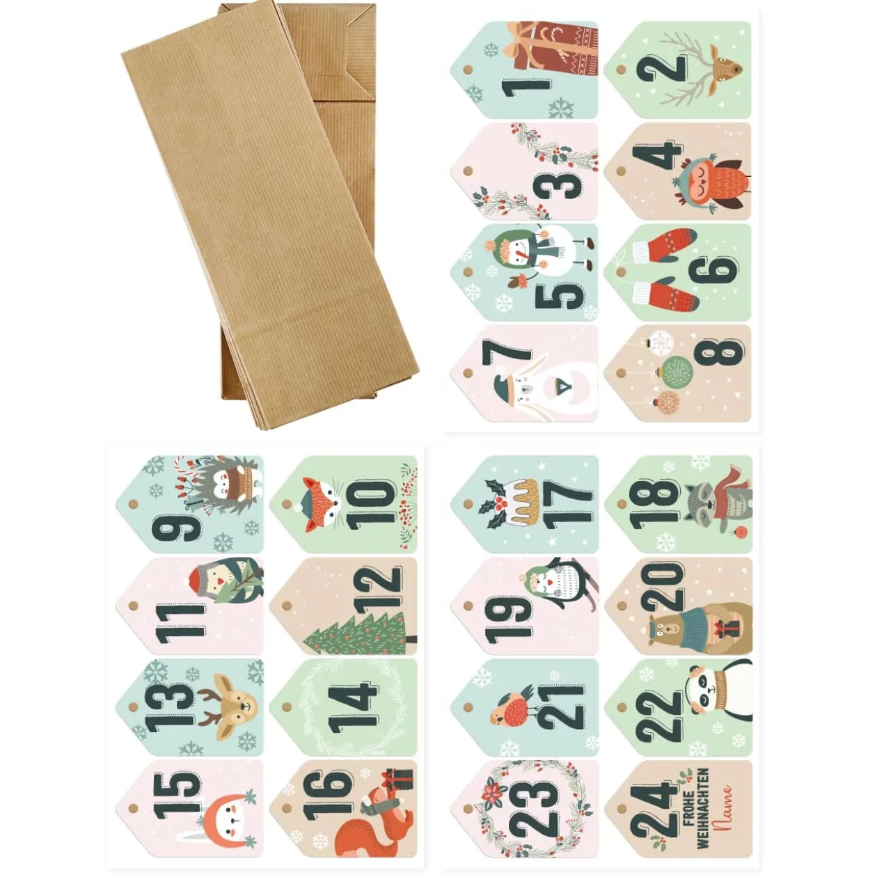 Adventskalender aus 24 Papiertüten und 24 Aufklebern mit Weihnachtsmotiven und Ihrem Wunschnamen