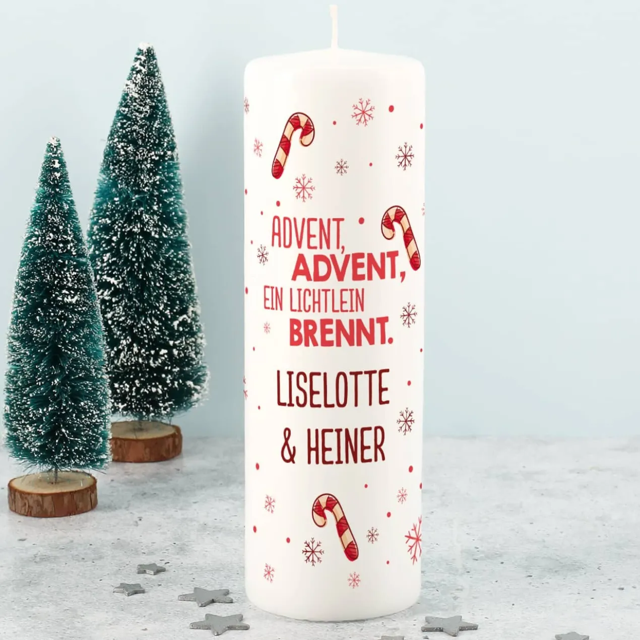 Adventskalender Kerze mit Zuckerstangen und Wunschtext