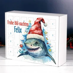 Adventskalender mit coolem Hai Motiv und Namensaufdruck
