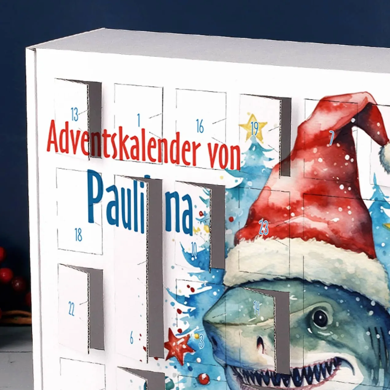 Adventskalender mit coolem Hai Motiv und Namensaufdruck