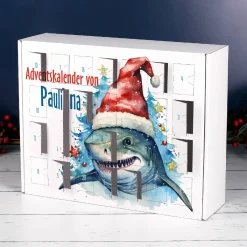 Adventskalender mit coolem Hai Motiv und Namensaufdruck