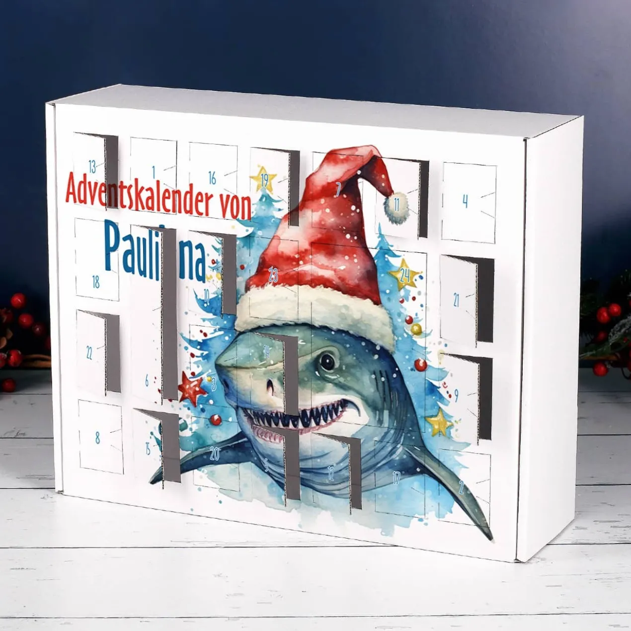 Adventskalender mit coolem Hai Motiv und Namensaufdruck