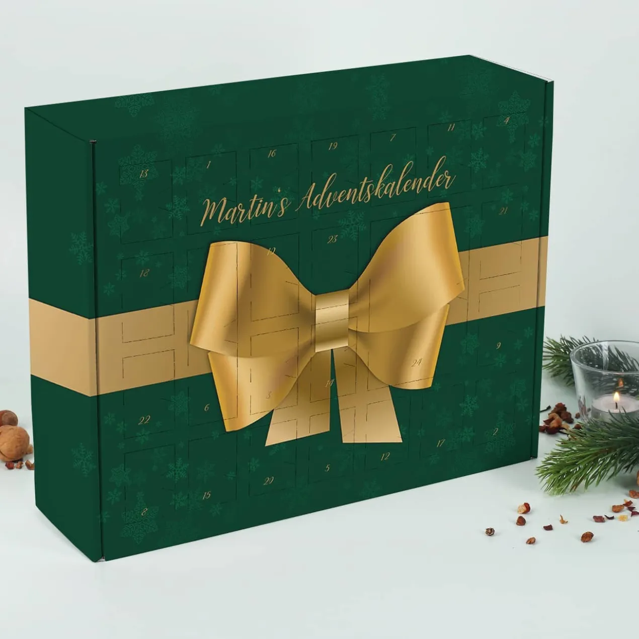 Adventskalender mit großer Schleife und Ihrem Wunschtext