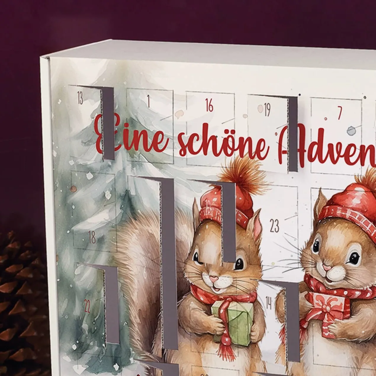 Adventskalender mit niedlichem Eichhörnchen-Motiv und Wunschtext