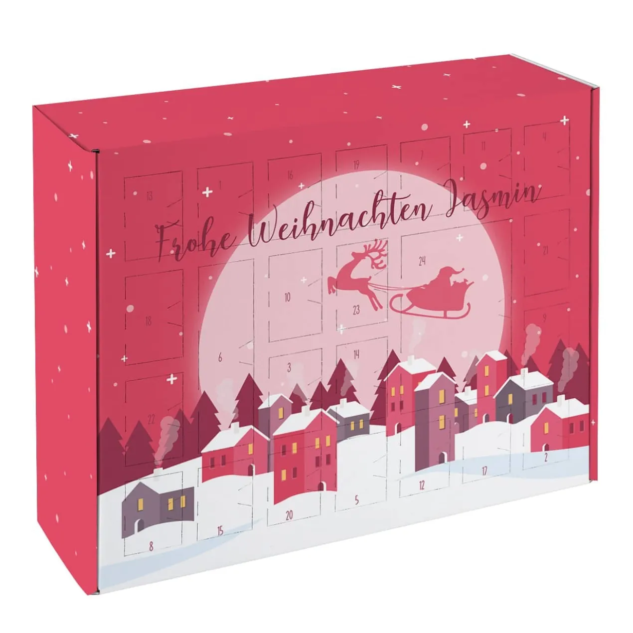 Adventskalender mit pinker Weihnachtsstadt und Ihrem Wunschtext