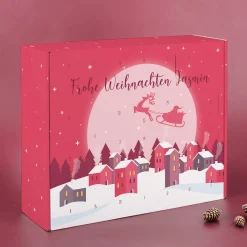Adventskalender mit pinker Weihnachtsstadt und Ihrem Wunschtext