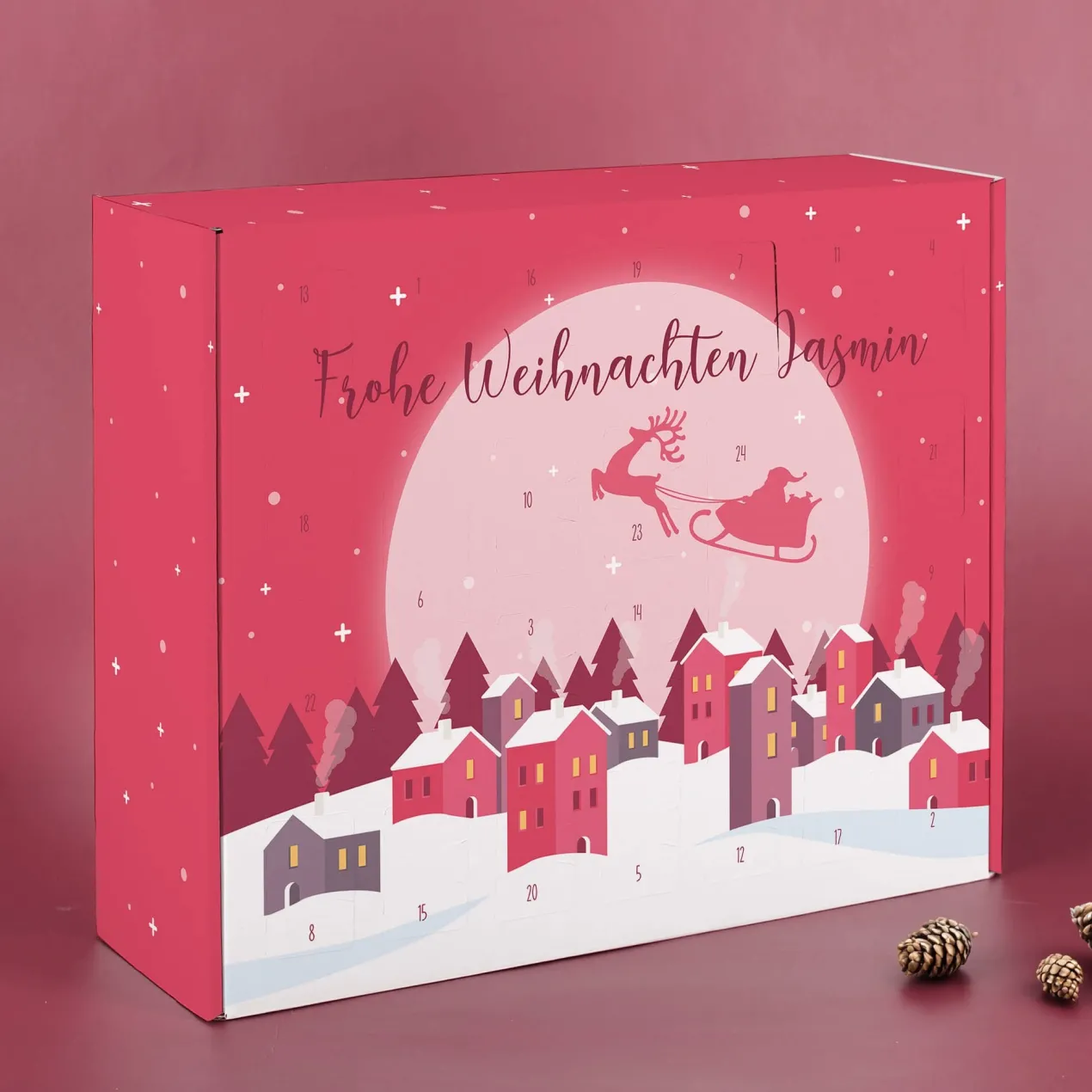 Adventskalender mit pinker Weihnachtsstadt und Ihrem Wunschtext