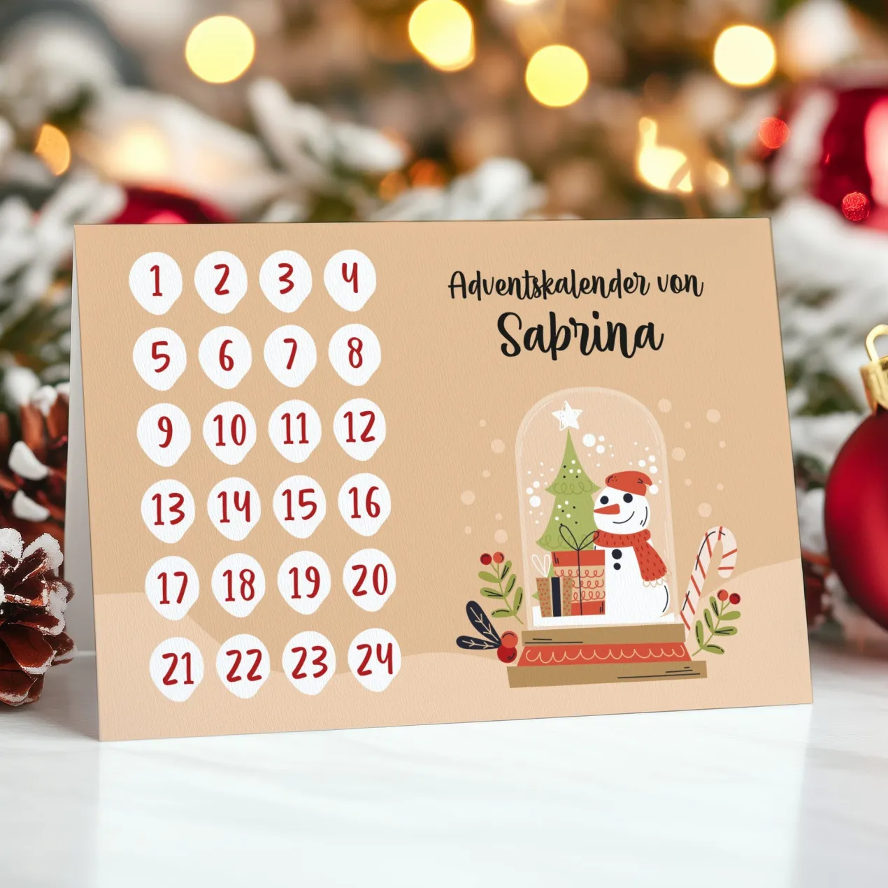 Adventskalender to go | Personalisierte DIY Klappkarte zu Weihnachten mit Schneekugelmotiv