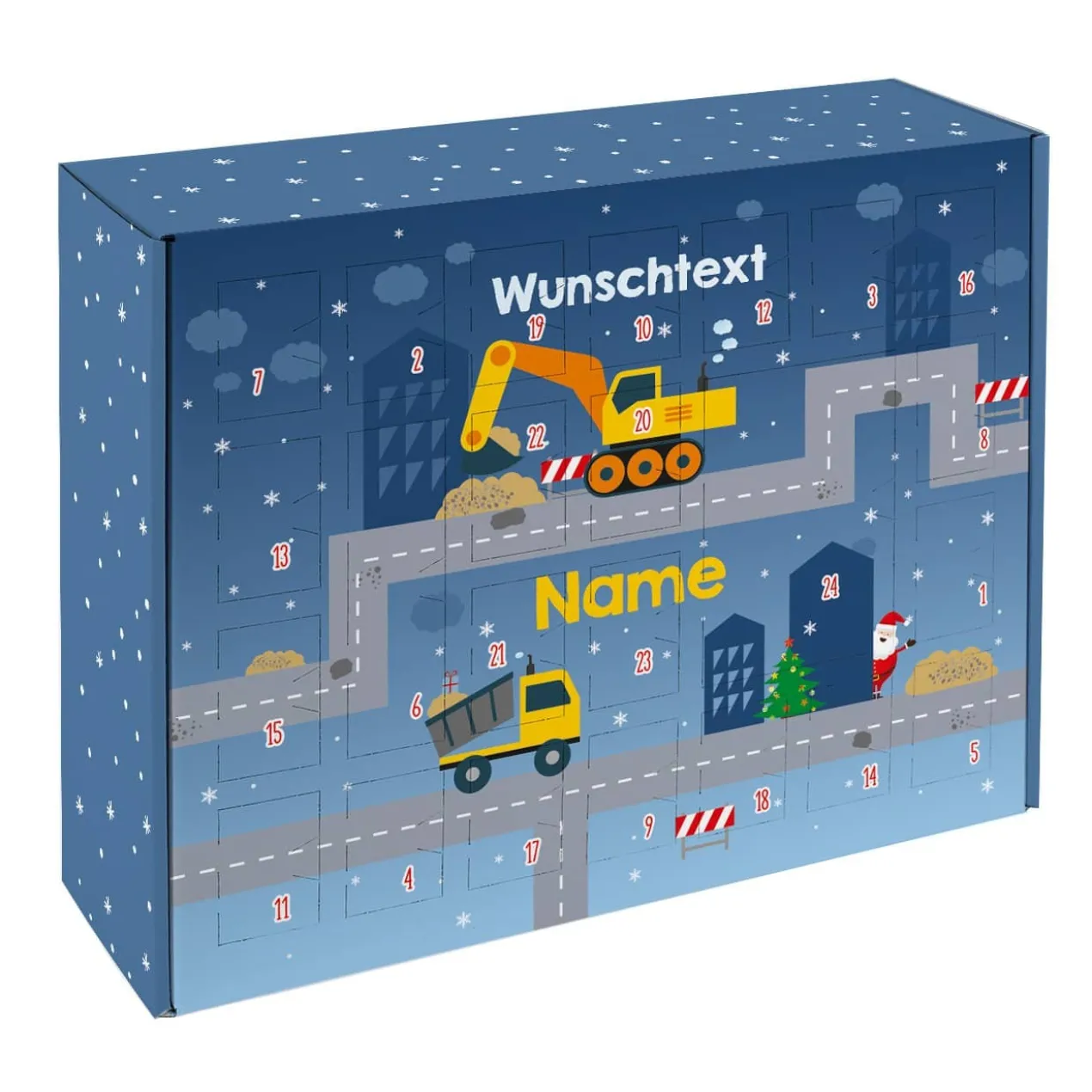 Adventskalender zum Befüllen mit Bagger, Baustelle, Wunschtext und Name