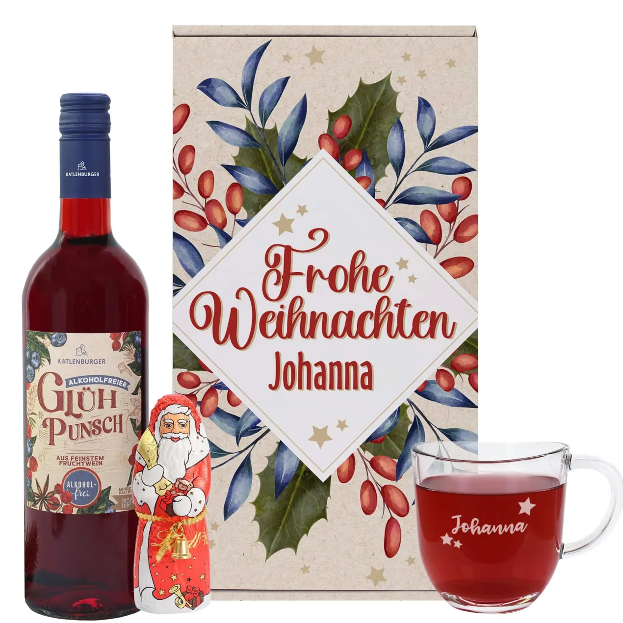 Alkoholfreies Glühpunsch Geschenkset mit graviertem Glas und Schokonikolaus
