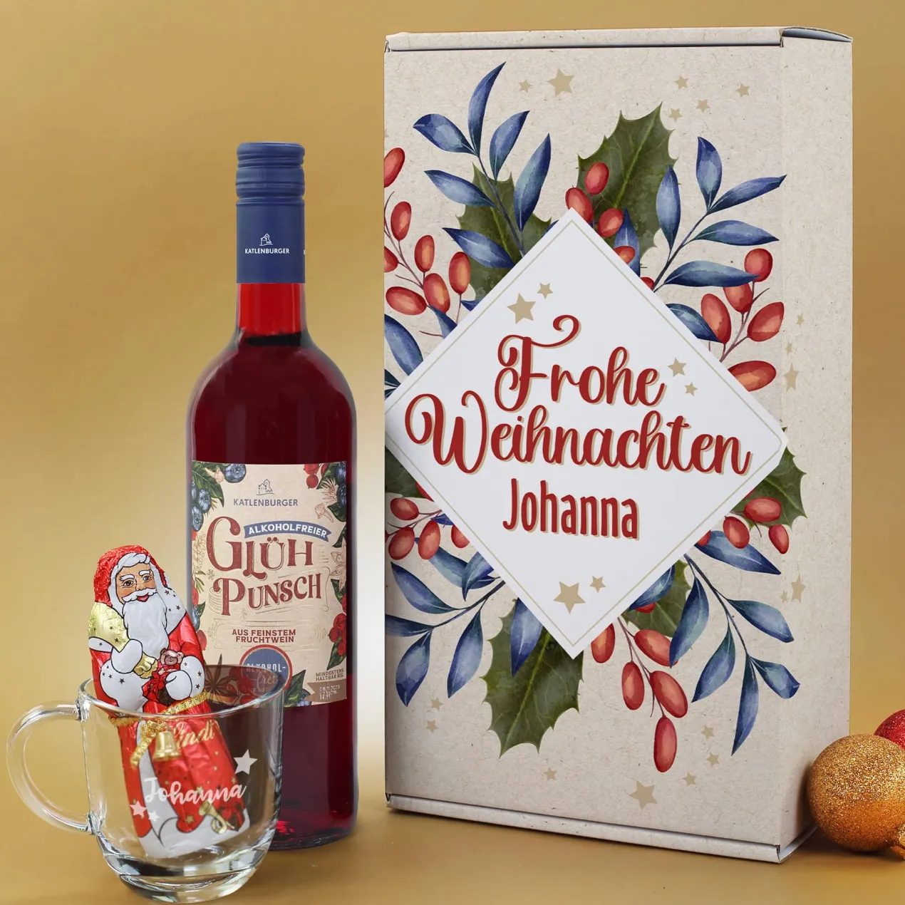 Alkoholfreies Glühpunsch Geschenkset mit graviertem Glas und Schokonikolaus