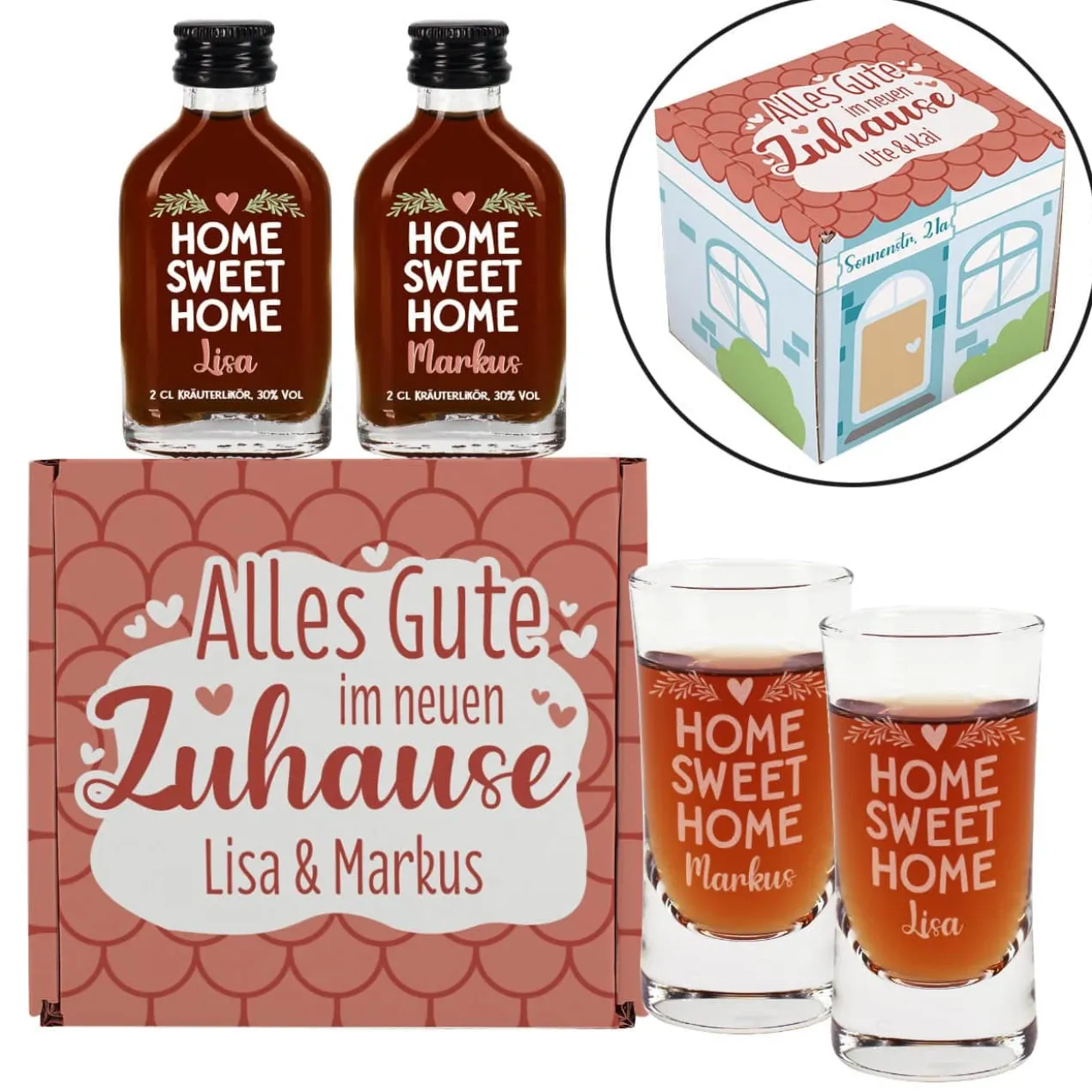Alles Gute im neuen Zuhause - Schnaps-Geschenkset zum Einzug verpackt als kleines Haus