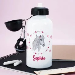 Aluminium-Trinkflasche mit Pferd, Blüten und Name