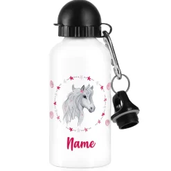 Aluminium-Trinkflasche mit Pferd, Blüten und Name