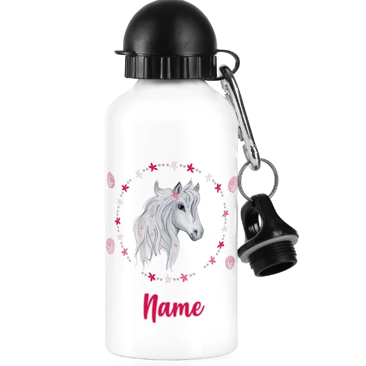 Aluminium-Trinkflasche mit Pferd, Blüten und Name